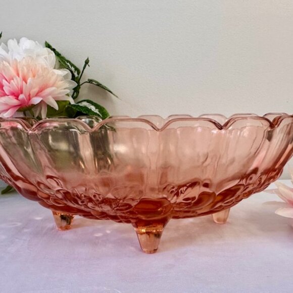 Vintage Indiana Glass Pink Footed Fruit Bowl Harvest Pattern Oval Centerpiece - Picture 4 of 5